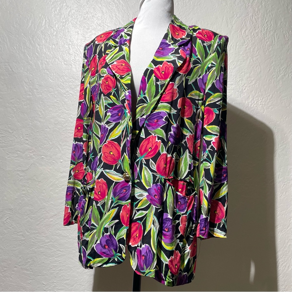VTG Norton McNaughton Blazer Women Open Front tulip Floral Jacket Shoulder Pad